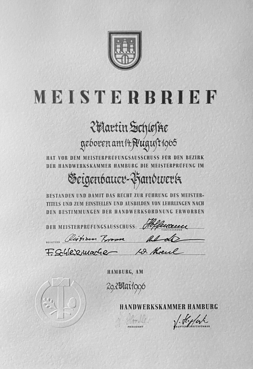 Martin Schleske's Master Craftsman's Certificate