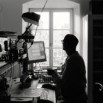 Martin Schleske arbeitet an einem Computer. Eine Geige und Messgeräte liegen vor ihm auf dem Schreibtisch.